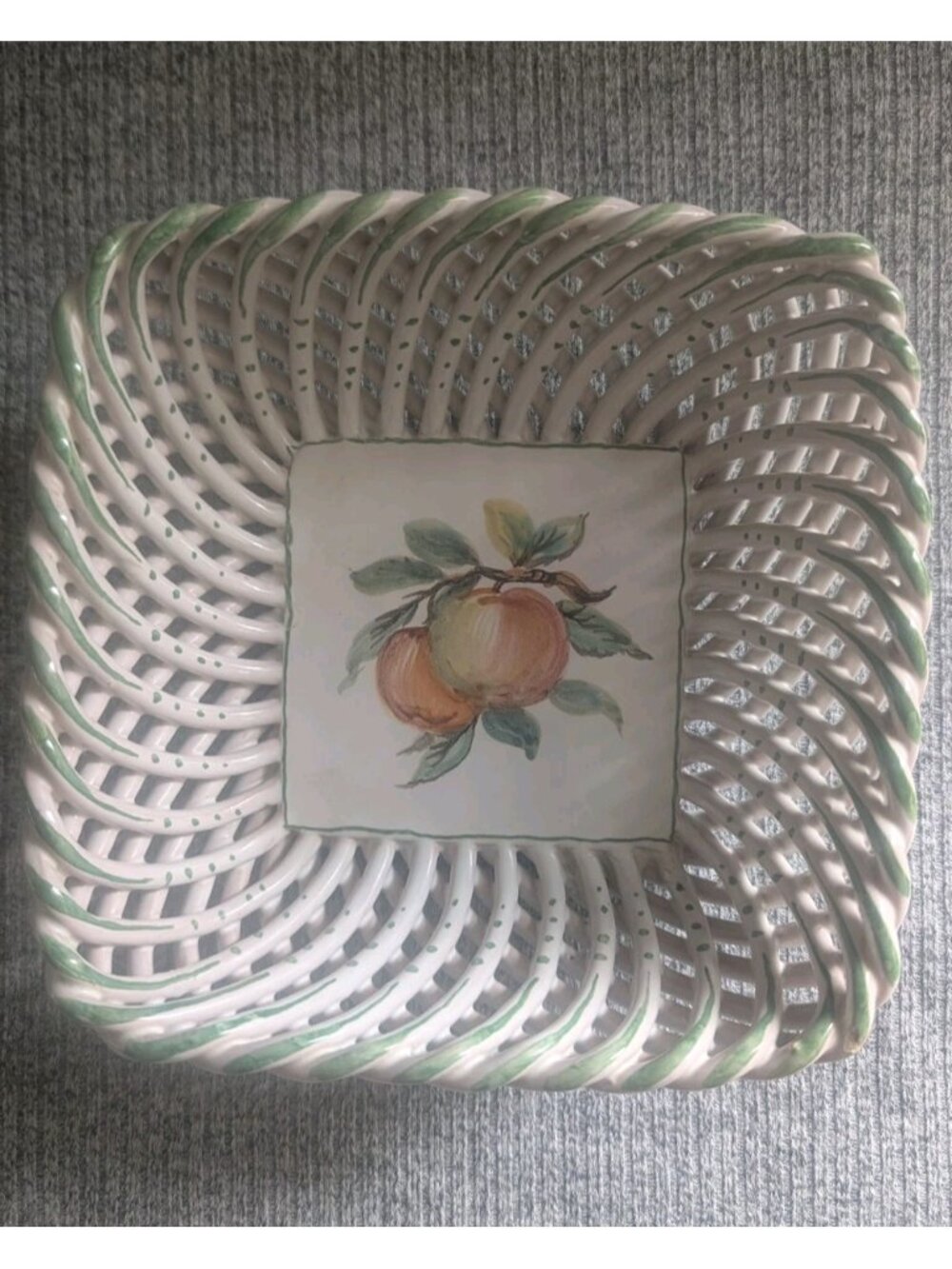 Zaccagnini Majolica Ceramic Lattice Basket with Painted Fruit Theme, 17x7cm, VGC
